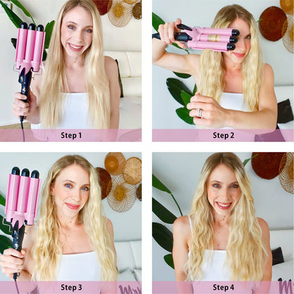 TOP4EVER Rizador de 3 barriles, herramienta de pelo de 1 pulgada, rizador para mujer, ondas de playa con dos ajustes de temperatura, color rosa