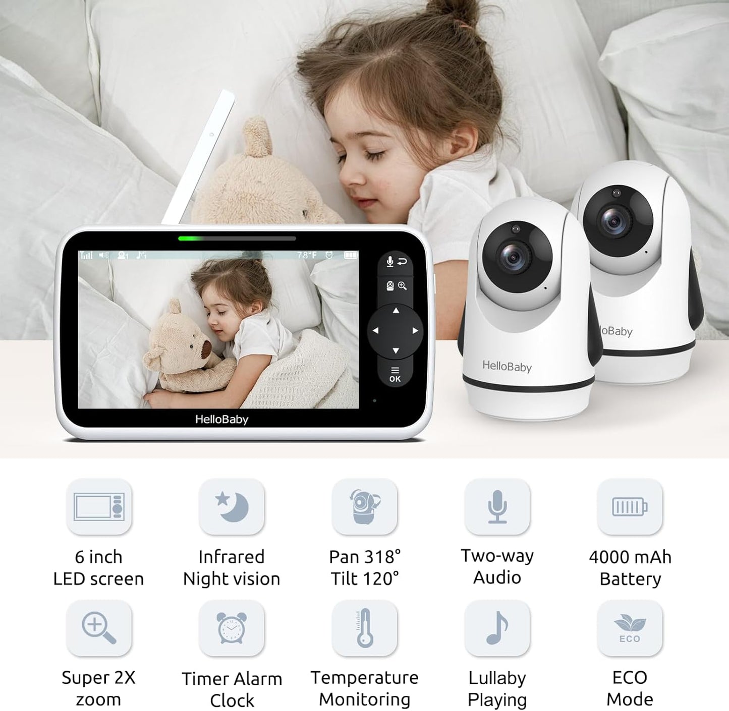 HelloBaby Monitor de Video para Bebés con Pantalla Grande IPS Mejor...