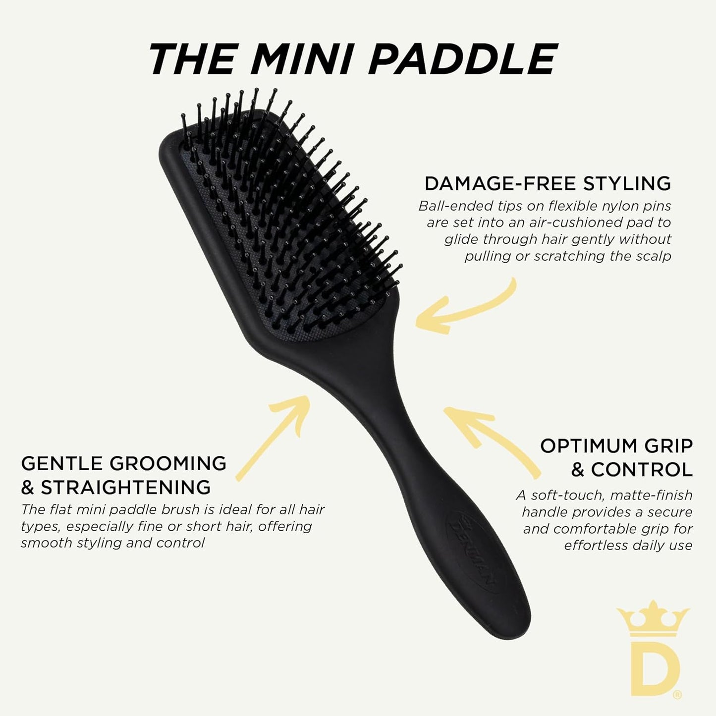 Denman Mini cepillo de pelo con cojín de paleta para secar con soplado, desenredar y viajar sobre la marcha, estilo cómodo, alisado y alisado, para mujeres y hombres, D84