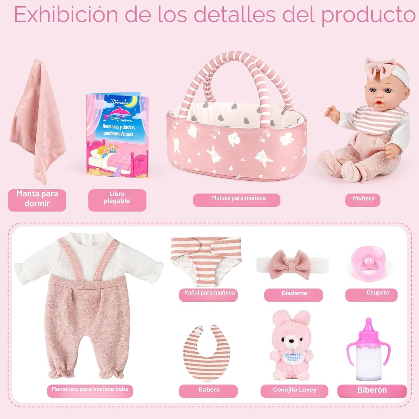 Dreamon Juego de Muñeca Bebé de 12 pulgadas con Cuna Moisés Portáti...