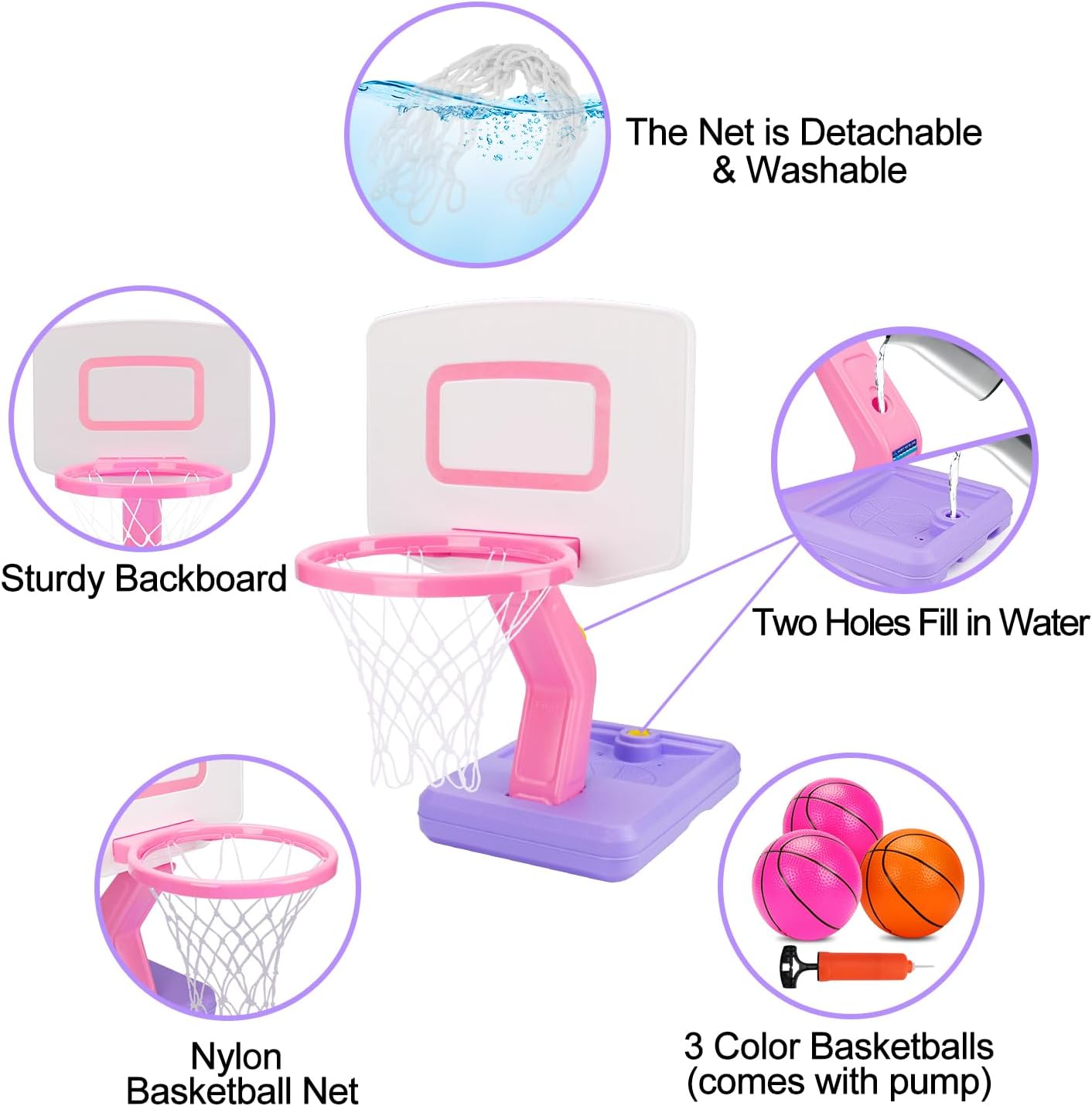Aro de baloncesto para niñas pequeñas, rosa, ajustable, mini, con b...