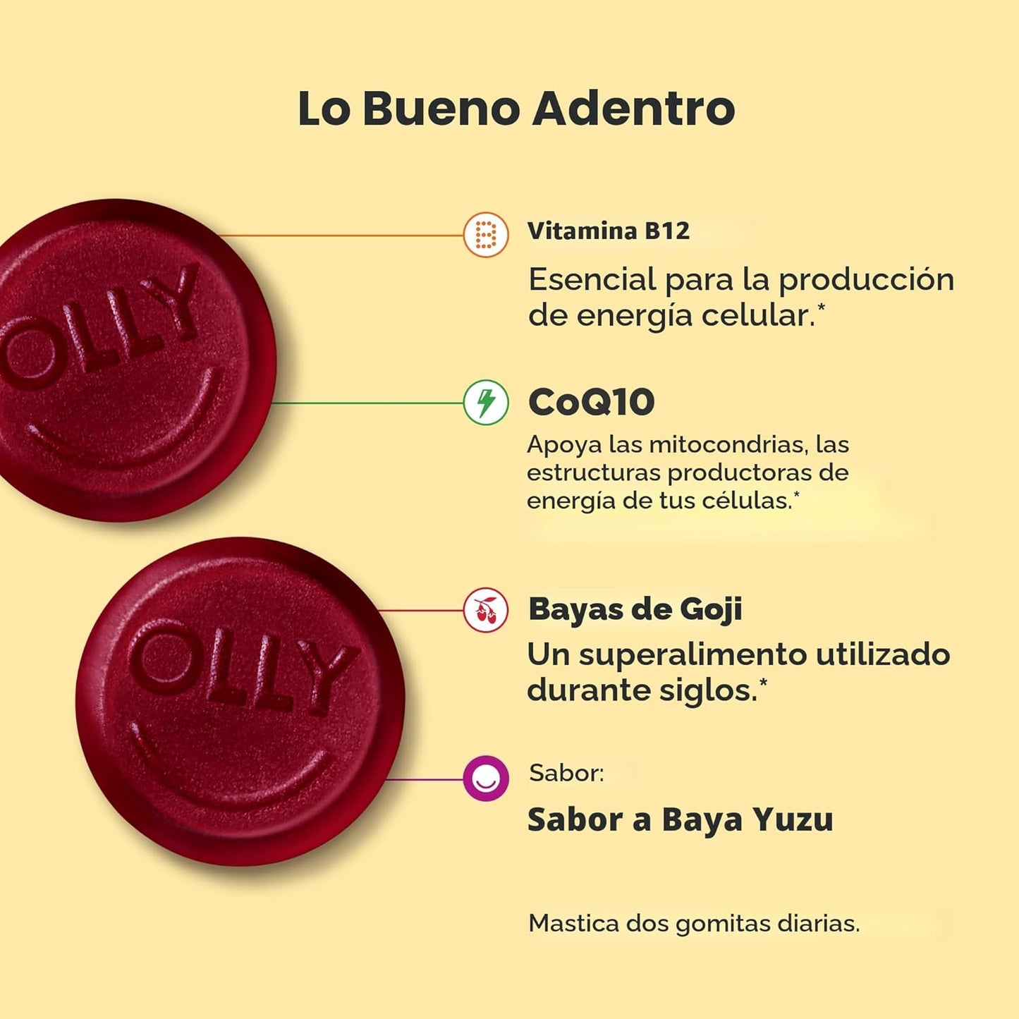 OLLY Extra Strength Daily Energy Gummy, sin cafeína, 1000 mcg de vi...