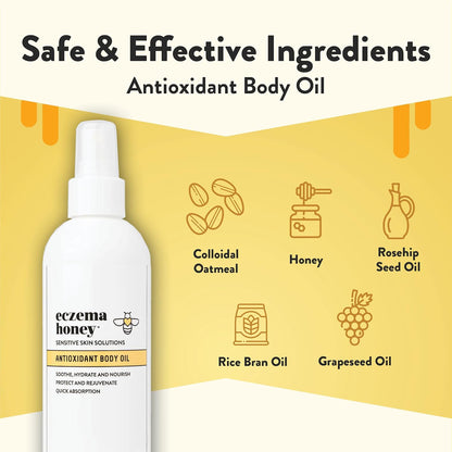 ECZEMA HONEY Aceite corporal antioxidante – Spray de aceite corporal para después de la ducha para la piel – Aceite hidratante sensible y propenso al eczema – Aceites corporales sin perfume para mujeres, hombres y niños (8 onzas líquidas)