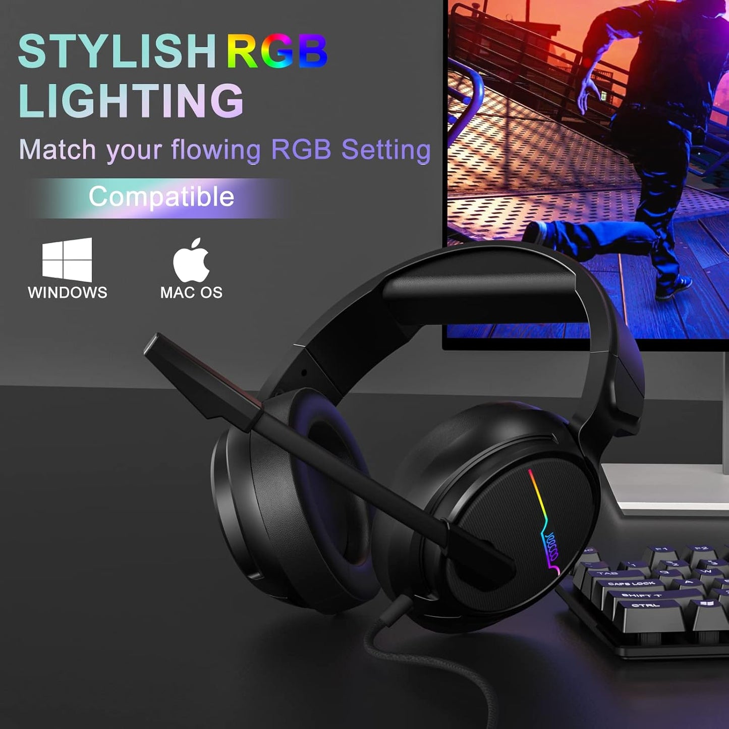Jeecoo V20U - Auriculares USB Pro para juegos para PC, auriculares de sonido envolvente 7.1 con micrófono con cancelación de ruido, almohadillas de espuma viscoelástica para computadoras portátiles