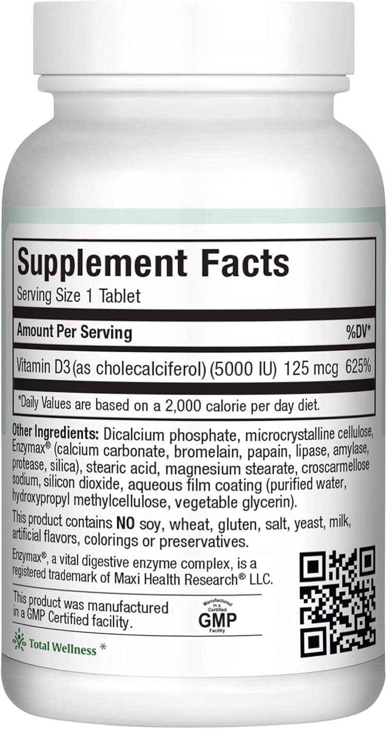 Suplemento dietético de vitamina D3 de 5000 UI - Fácil de tragar -...