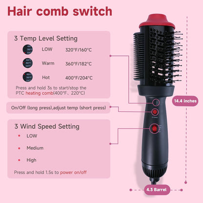 Peine con calefacción y cepillo secador 4 en 1, cepillo alisador de pelo, doble modo para secar, alisar, rizar y dar volumen a todo tipo de cabello, tecnología iónica de cerámica