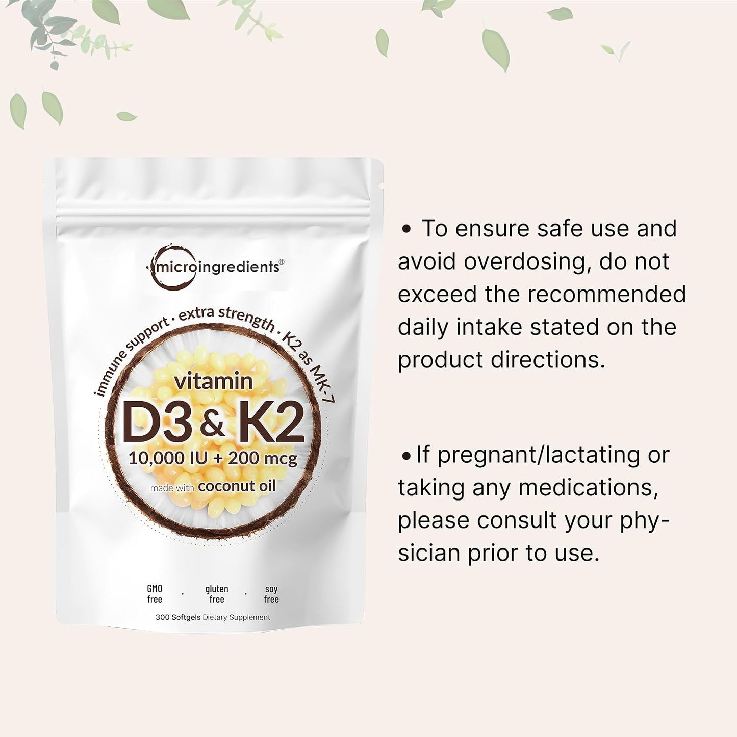 Micro Ingredients Vitamina D3 10,000 UI + K2 MK-7 200 mcg, 300 cáps...