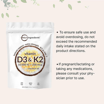 Micro Ingredients Vitamina D3 10,000 UI + K2 MK-7 200 mcg, 300 cáps...