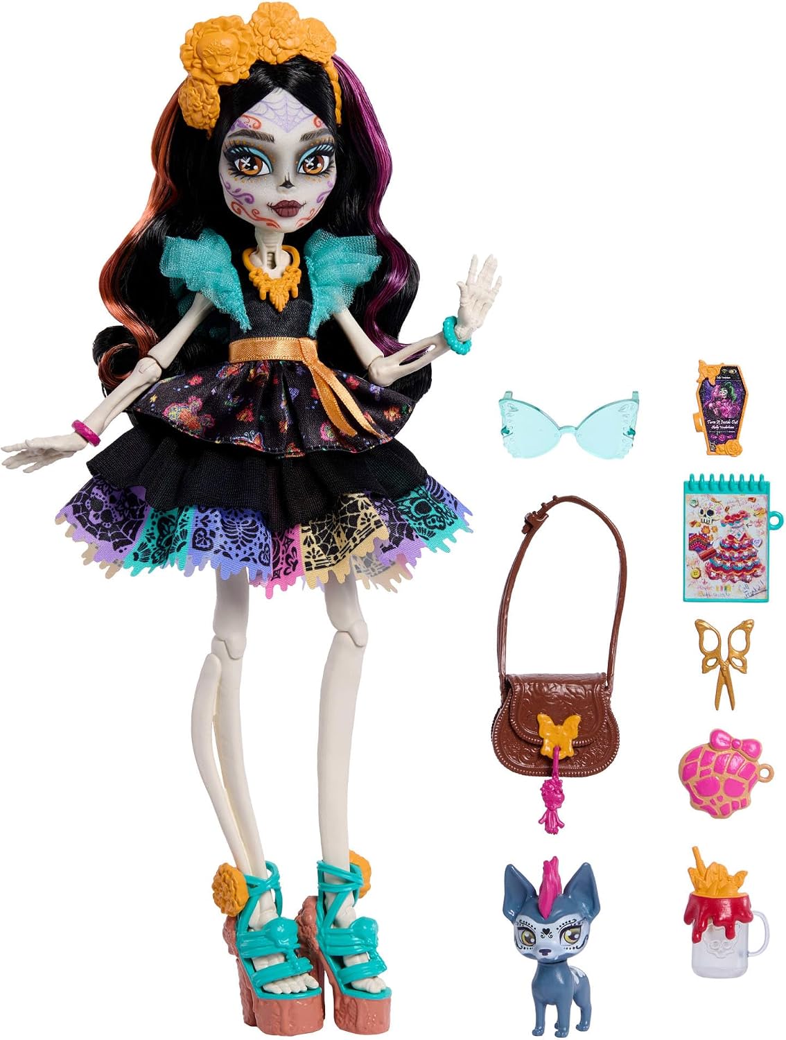 Muñeca Monster High, calaveras Skelita en colorido vestido de papel...