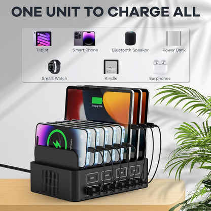 Estación de carga de 150W/35A para múltiples dispositivos, RUANSZZ Estación de carga rápida de 16 puertos USB-C, Organizador de carga múltiple compatible con teléfono celular, iPad, Kindle, tableta y