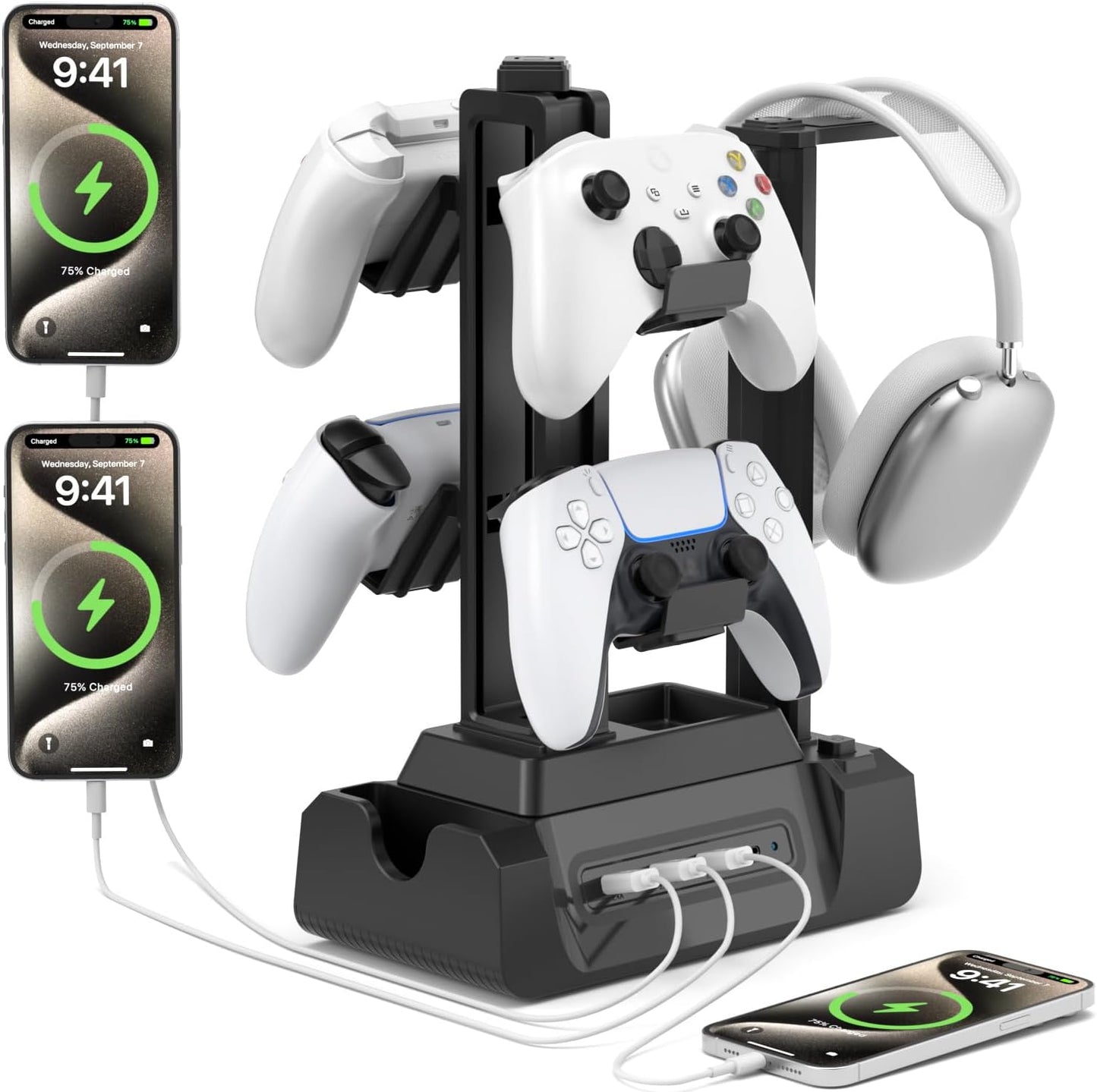 KDD Estación de carga para múltiples dispositivos - Base de carga de 4 puertos con controlador y soporte para auriculares - 3 USB A y 1 USB C para teléfono celular, tableta y otros dispositivos