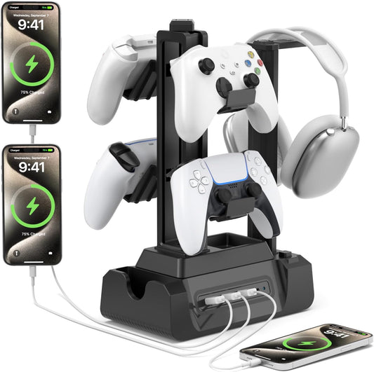 KDD Estación de carga para múltiples dispositivos - Base de carga de 4 puertos con controlador y soporte para auriculares - 3 USB A y 1 USB C para teléfono celular, tableta y otros dispositivos