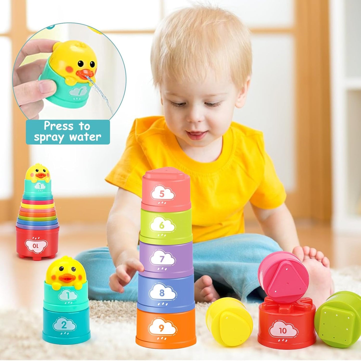 Juguetes Montessori para bebés de 6-12-18 meses, tazas de apilar con cuerda para bebés, bloques clasificadores de forma, juguete de desarrollo sensorial y aprendizaje de 6-9 9-12 meses, regalo de