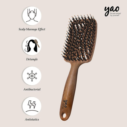 Yao - Cepillo de cerdas de jabalí, desenredante de cabello grueso y rizado ventilado para mujeres y niños, cabello brillante y texturizado