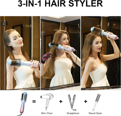 BEAUTYOVO Cepillo secador 3 en 1 con cepillo redondo y alisador, cepillo secador de pelo con 3 ajustes de calor/velocidad, estilizador de cabello y voluminizador con tecnología iónica para secar