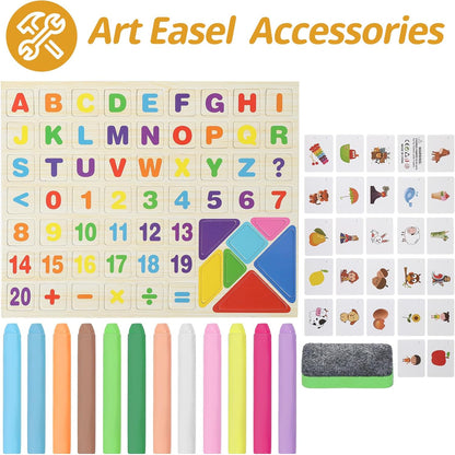 Caballete de Arte de Madera para Pintura de Mesa para Niños - Tablero de Dibujo de Doble Cara 4 en 1 para Niños Pequeños de 2-4 Años, Pizarra y Pizarra Blanca Seca con Marcadores, Borrador, Letras