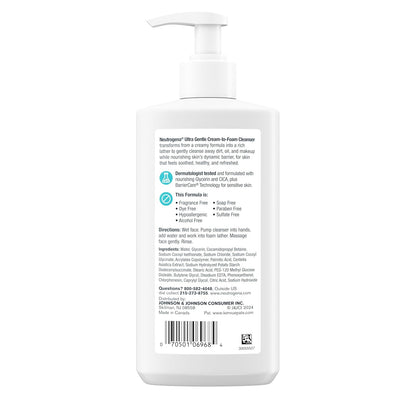 Neutrogena Crema ultra suave a espuma para piel sensible, limpiador facial suave sin fragancia, cuidado de la piel hipoalergénico, removedor de maquillaje no comedogénico, 8.5 onzas