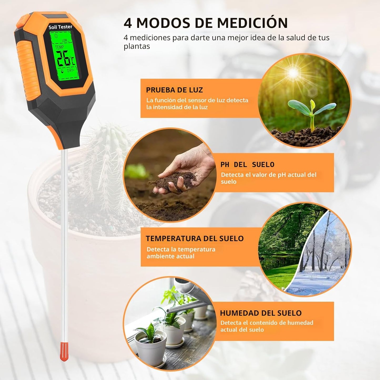 Medidor de Humedad del Suelo 4 en 1 Medidor Digital de pH/Humedad del Suelo/Temperatura de la Planta/Intensidad de Luz Solar, Pantalla LCD con Retroiluminación, Medidor de Prueba de Suelo para Jardín