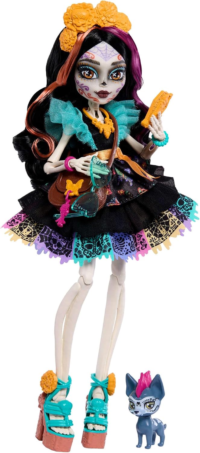 Muñeca Monster High, calaveras Skelita en colorido vestido de papel...
