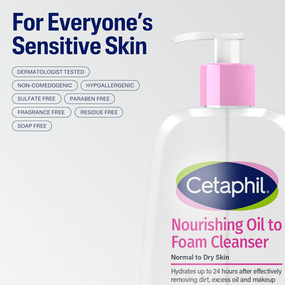 Cetaphil Limpiador facial nutritivo de aceite a espuma para pieles normales a secas, hasta 24 horas de hidratación, 8 onzas líquidas