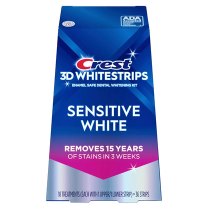 Kit de blanqueamiento dental Crest 3D Whitestrips Sensitive para uso en casa, 18 tratamientos, elimina suavemente manchas de hasta 15 años, Crest Whitestrips, Kit de blanqueamiento dental
