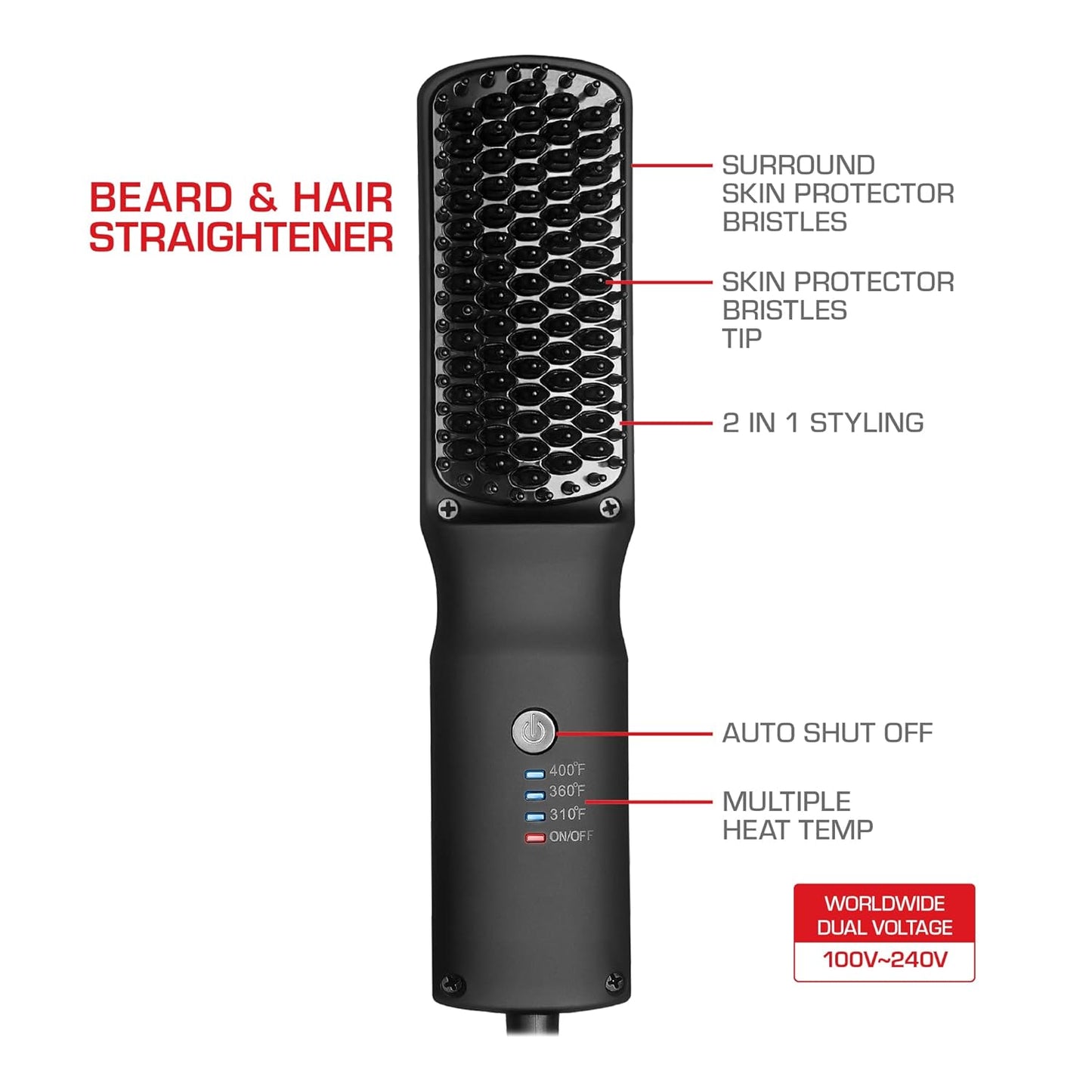 Red by Kiss Cepillo alisador de cabello iónico 2 en 1 con revestimiento de cerámica, temperatura ajustable, apagado automático, cerdas protectoras de piel y cable giratorio de 360°, suave y estilo en