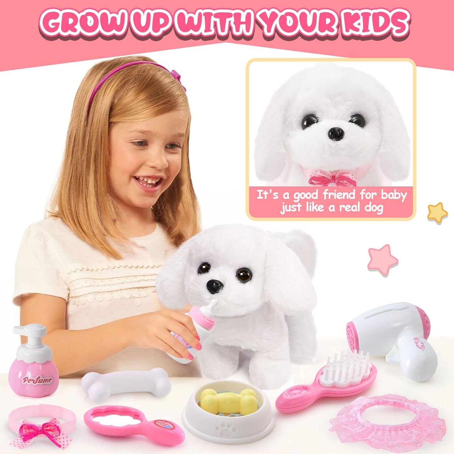 Golray Juguetes de perro para niñas, cochecito y perro de peluche electrónico interactivo que puede caminar, ladrar, 10 piezas de juguete para niña, juego de cuidado de cachorros para niños pequeños