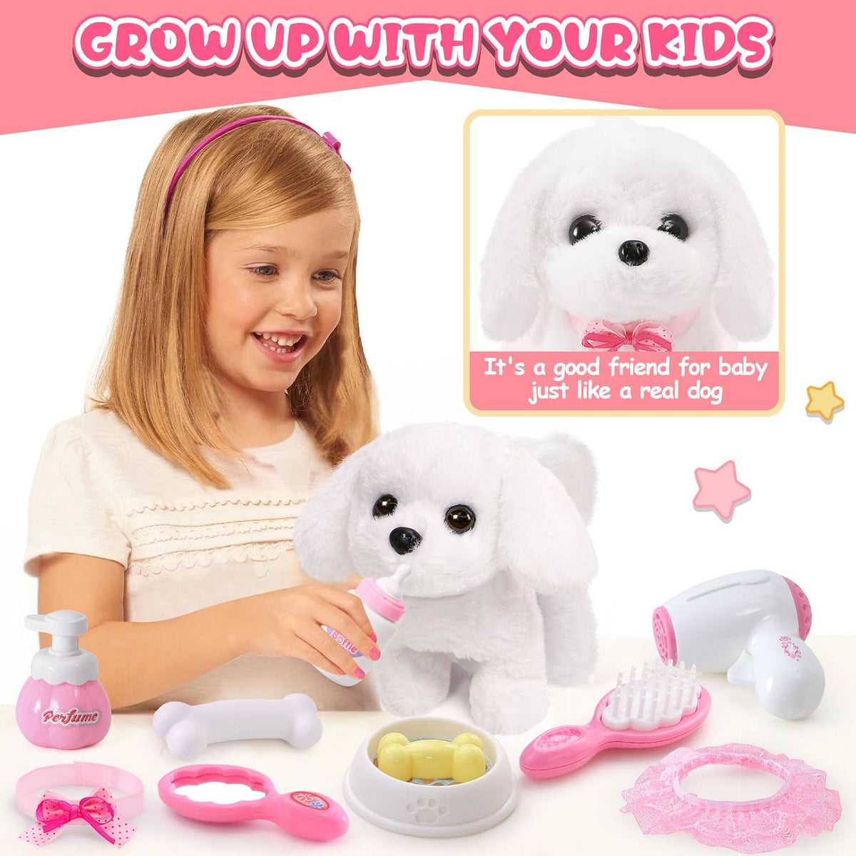 Golray Juguetes de perro para niñas, cochecito y perro de peluche electrónico interactivo que puede caminar, ladrar, 10 piezas de juguete para niña, juego de cuidado de cachorros para niños pequeños