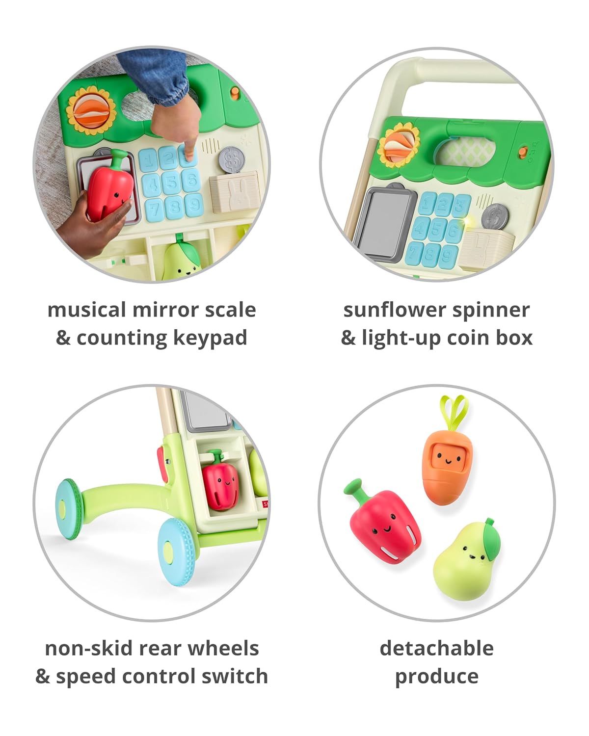 Skip Hop Andadera para bebé 5 en 1, convertible de sentarse a pararse, con luces, más de 50 actividades para el juego y desarrollo, canciones y sonidos, 3 alturas ajustables de manijas y control de