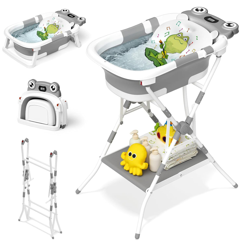 BUNWAG Bañera plegable para bebé con soporte, bañera portátil 2 en...