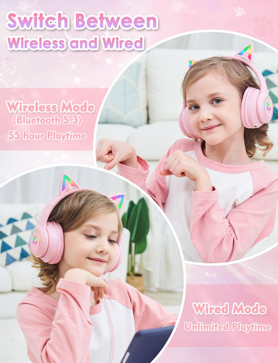 Auriculares Bluetooth para niños con micrófono, con luz LED de orej...