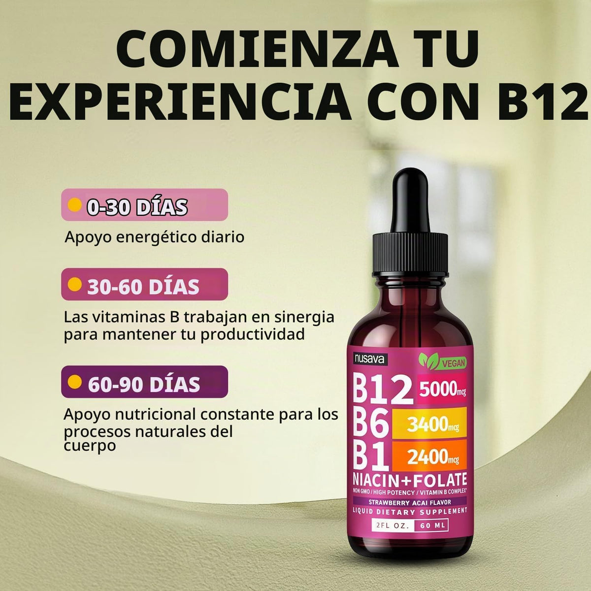 NUSAVA Vitamina B12 5000mcg con gotas líquidas B6 y B1, Acai de fre...