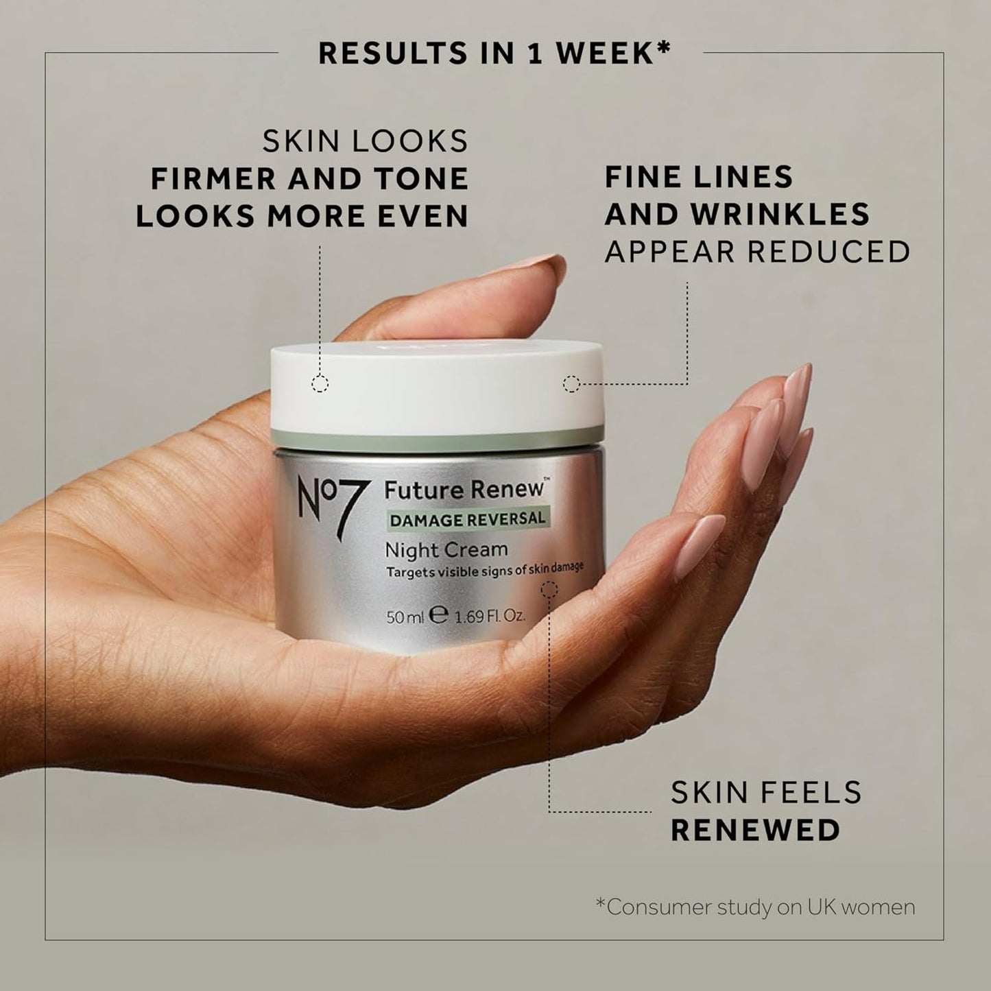 No7 Crema de noche Future Renew Damage Reversal - Hidratante facial antienvejecimiento - Infundido con tecnología peptídica para revertir los signos visibles de daño - Reparación de barrera cutánea