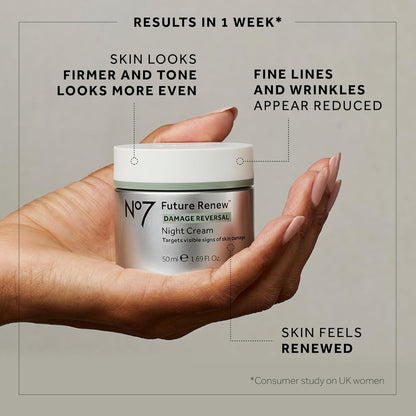 No7 Crema de noche Future Renew Damage Reversal - Hidratante facial antienvejecimiento - Infundido con tecnología peptídica para revertir los signos visibles de daño - Reparación de barrera cutánea
