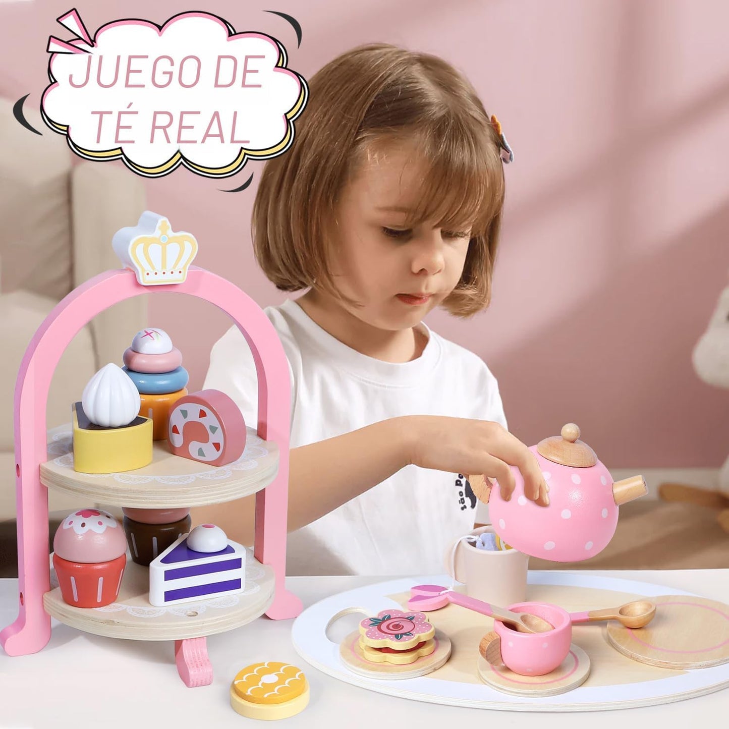 Juego de té de madera para niñas pequeñas, regalos para niñas peque...