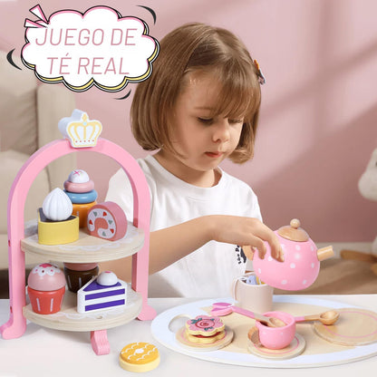 Juego de té de madera para niñas pequeñas, regalos para niñas peque...