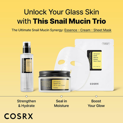 COSRX Máscara de hoja de mucina de caracol 10 EA, máscara facial sin enjuague de esencia de caracol para piel seca, propensa al acné, piel sensible, filtrado de secreción de caracol, no probado en