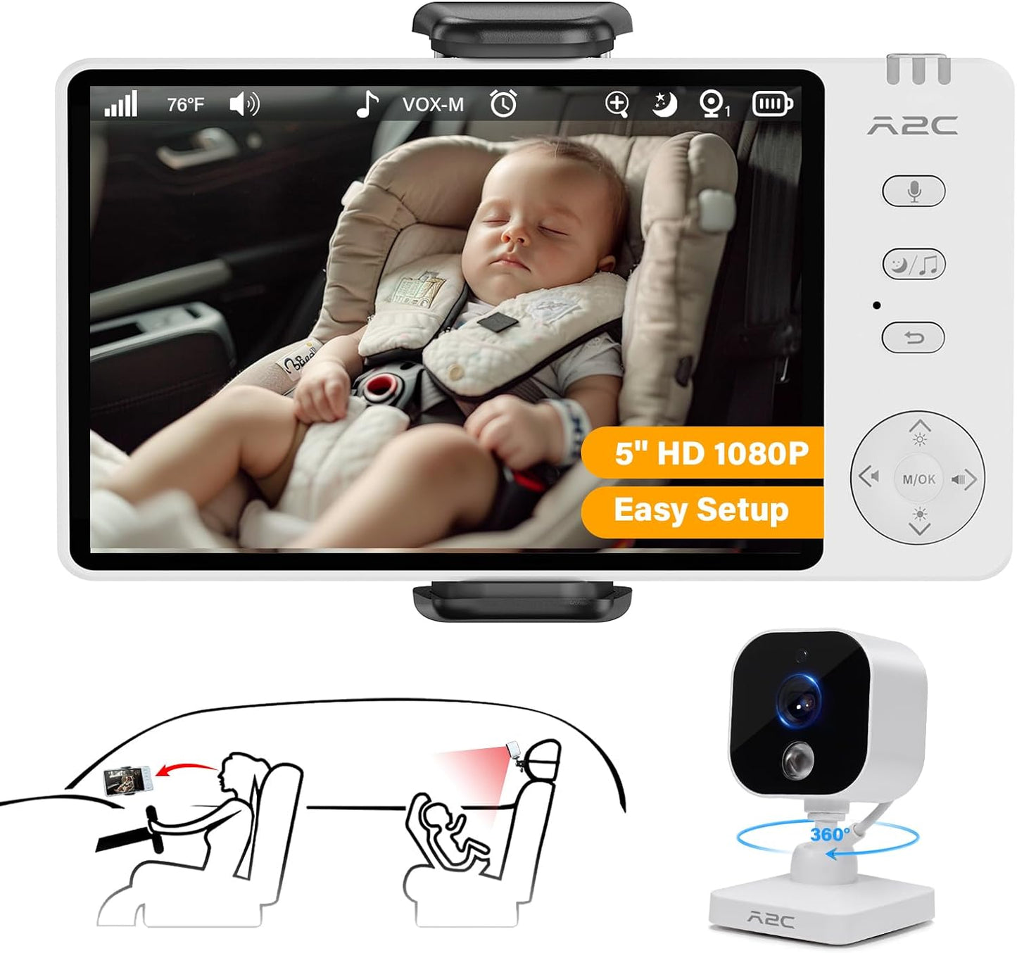 A2C Cámara de coche para bebé, monitor de bebé HD 1080P de 5 pulgad...