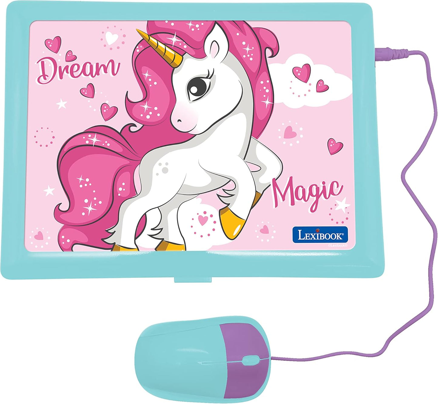 LEXiBOOK - Ordenador portátil educativo y bilingüe Unicornio español/inglés - Juguetes para niños con 124 actividades para aprender matemáticas, dactilografía, lógica, lectura de relojes, jugar juegos