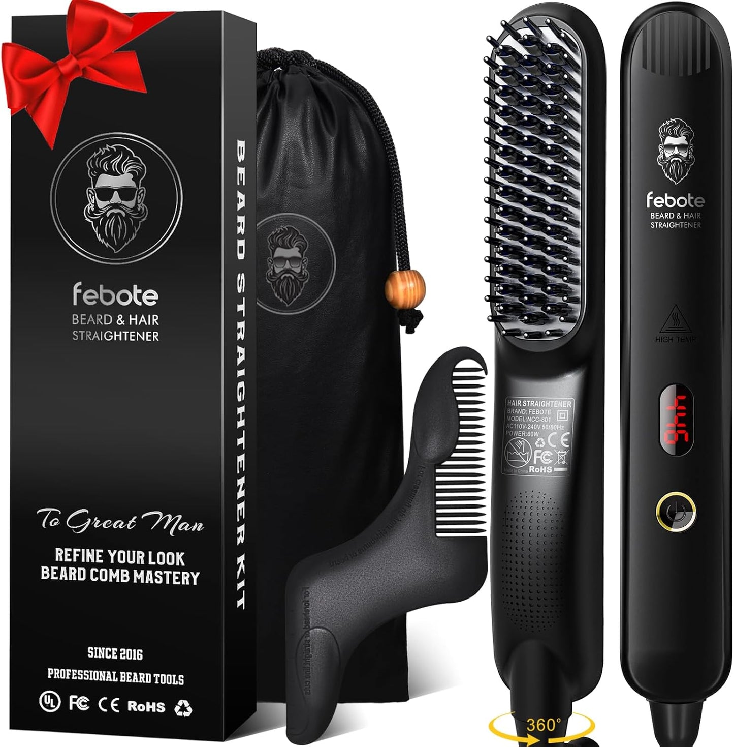 Cepillo iónico calentado para alisar el cabello para hombres, 5 ajustes de temperatura, antiquemaduras, moldeador de barba y bolsa de viaje
