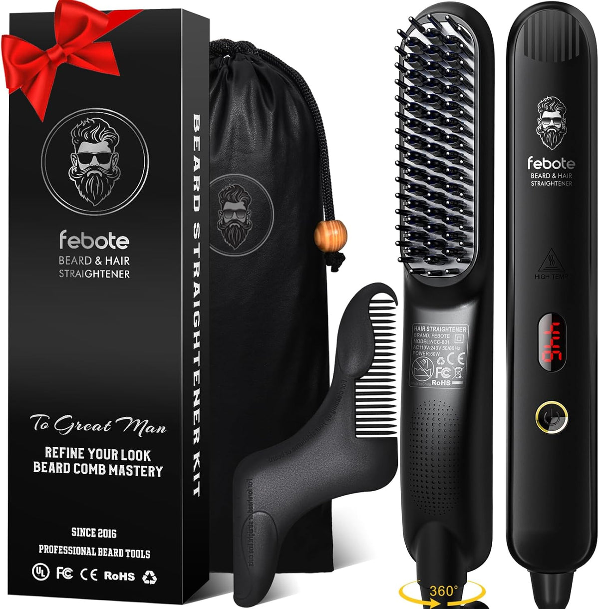 Cepillo iónico calentado para alisar el cabello para hombres, 5 ajustes de temperatura, antiquemaduras, moldeador de barba y bolsa de viaje