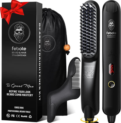 Cepillo iónico calentado para alisar el cabello para hombres, 5 ajustes de temperatura, antiquemaduras, moldeador de barba y bolsa de viaje