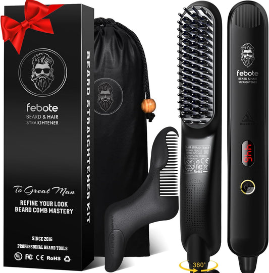 Cepillo iónico calentado para alisar el cabello para hombres, 5 ajustes de temperatura, antiquemaduras, moldeador de barba y bolsa de viaje