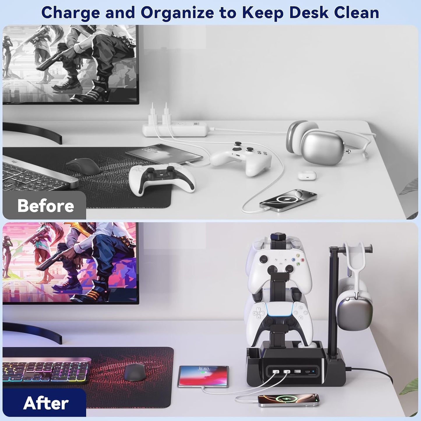 KDD Estación de carga para múltiples dispositivos - Base de carga de 4 puertos con controlador y soporte para auriculares - 3 USB A y 1 USB C para teléfono celular, tableta y otros dispositivos