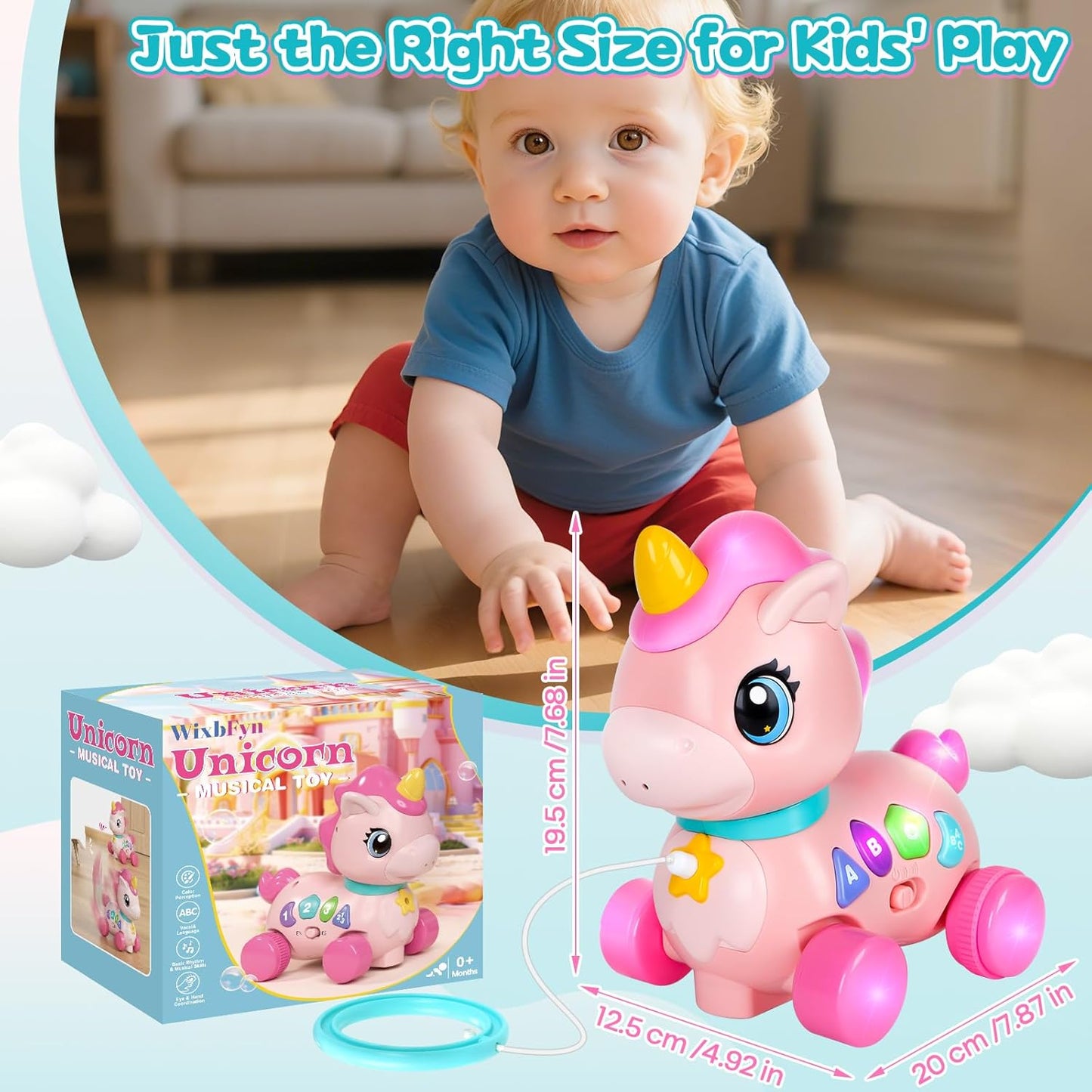 Juguete de unicornio para bebés de 6 a 12 a 18 meses con música y luces, explora la educación bilingüe para el desarrollo sensorial de los niños pequeños, aprender a caminar, moverse, gatear, para el tiempo de la barriga, juguetes de Navidad, regalos de c