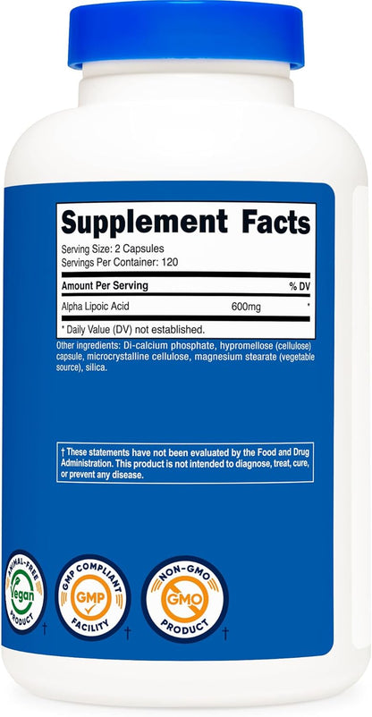 Suplemento Nutricost Ácido Alfa Lipoico, 0.02 oz por porción, 120 p...