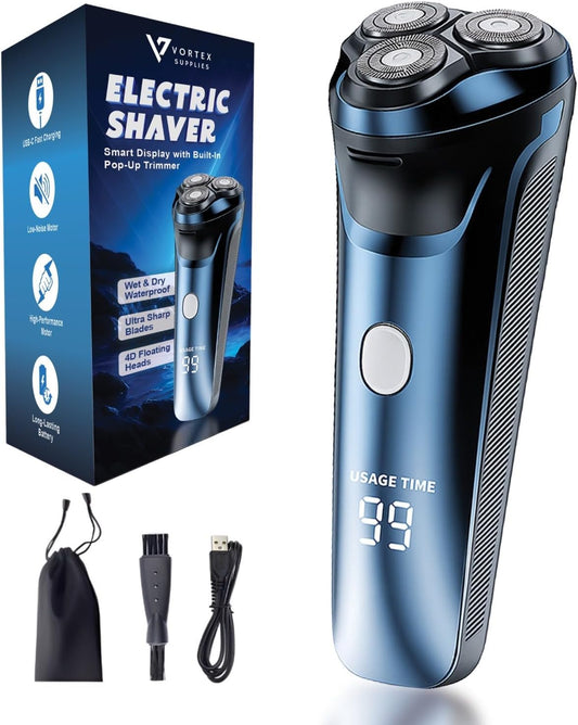 Afeitadora eléctrica inteligente 2 en 1 para hombres con cabezales flotantes 4D y recortadora emergente, recargable por USB, afeitadora impermeable para húmedo y seco con pantalla LCD (90 minutos de