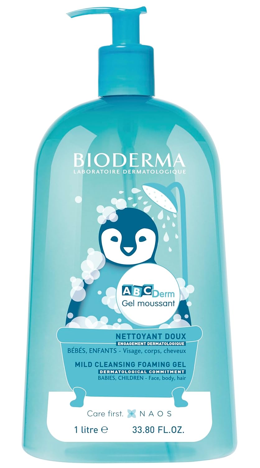 Bioderma ABCDerm Gel espumoso para la delicada piel de bebés y niños, azul, 33.8 onzas líquidas