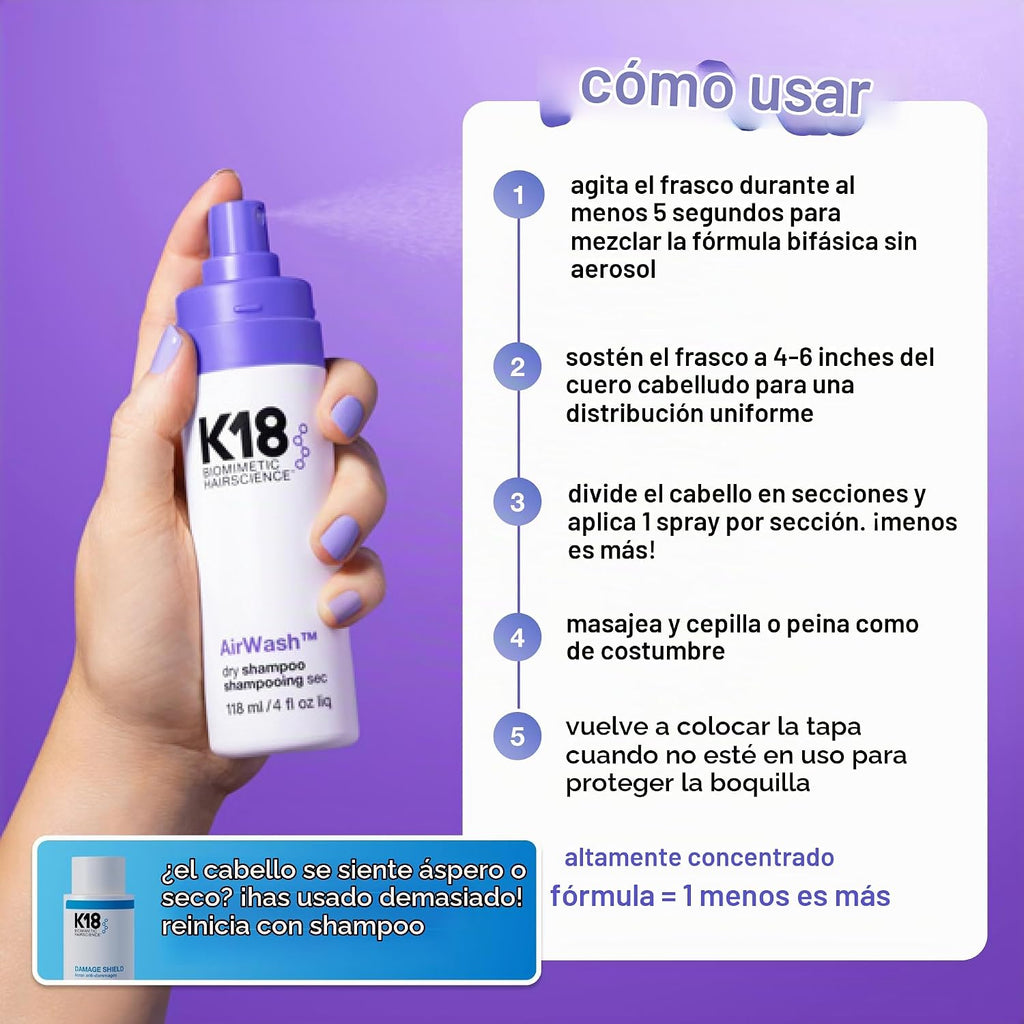 El champú seco K18 AirWash™, sin aerosol, equilibra el cuero cabell...