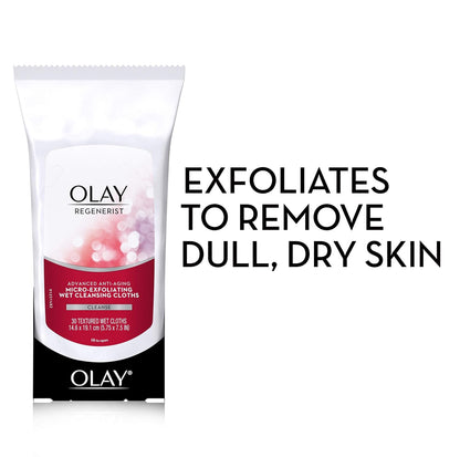 Toallitas de limpieza de maquillaje Olay, paños de limpieza húmeda micro-exfoliantes Regenerist, limpiador facial para mujeres - Exfolia, refresca, suaviza la textura, aprobado para viajes, 30